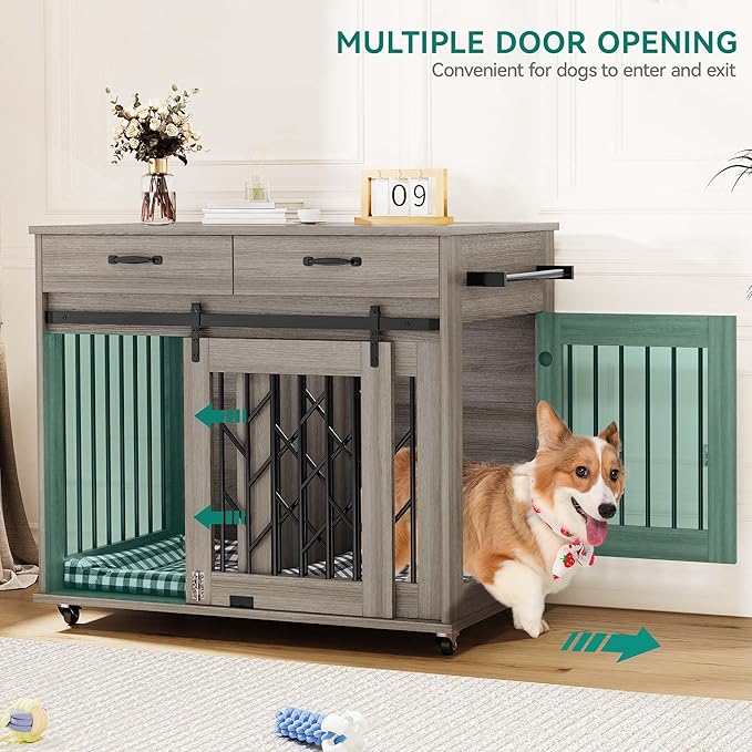 YITAHOME Dog Crate Furniture with Sliding Barn Door, 39" Wooden Dog Kennel Indoor with Storage Drawers, Double Dog Crate for 2 Small Medium Dogs, Grey