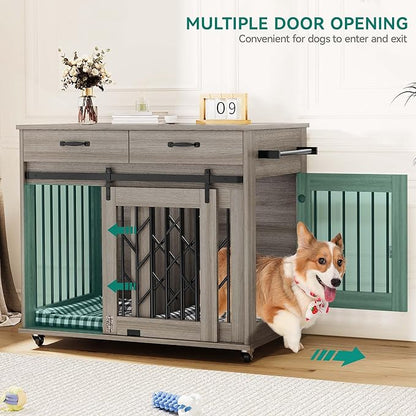 YITAHOME Dog Crate Furniture with Sliding Barn Door, 39" Wooden Dog Kennel Indoor with Storage Drawers, Double Dog Crate for 2 Small Medium Dogs, Grey