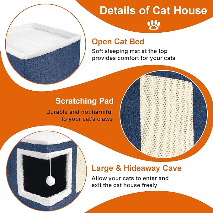 Cat Houses for Indoor Cats - Large Cat Bed Cave with Scratch Pad and Fluffy Ball, Foldable Cat Condo Hideaway with Reversible Cushion for Multi Small Pet, Navy Blue