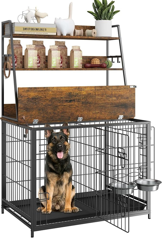 Dog Crate Furniture, 57 Inch Dog Kennel Furniture with Storage Shelves and Removable Tray, Indoor Dog House with 2 Doors and 2 Adjustable Bowls, Brown