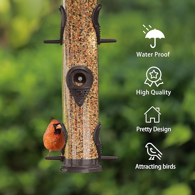 MIXXIDEA 1PK Metal Bird Feeders with 6 Feeding Ports,Tube Bird Feeder with Steel Hanger,Hard Plastic Wild Bird Feeder for Outdoors Hanging, Attracting Birds in Your Lawn, Garden, Balcony–Coffee