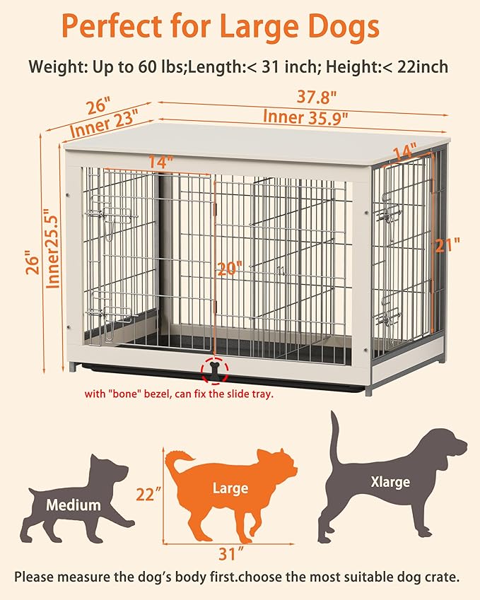 Piskyet Wooden Dog Crate Furniture with Divider Panel, Dog Crate End Table with Fixable Slide Tray, Double Doors Dog Kennel Indoor for Dogs(L:37.8" L*25.1" W*26.3" H,White)