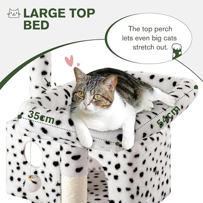 MUTICOR 66 Inches Multi-Level Large Cat Tree Tower for Indoor Big Feline/Cozy Plush Perches/Condo/Sisal Scratching Posts/Hammock and Baskets/Activity Center Play House/Wide Base/White & Black Spot