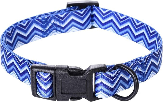 Mile High Life Dog Collar | Cute Puppy Collars | Lightweight Girl Dog Collar | Soft Boy Dog Collars | w Geometric Ocean Wavy Pattern (Blue, Large)