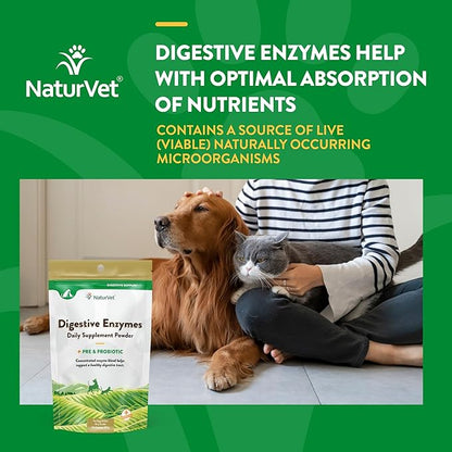NaturVet  Digestive Enzymes - Plus Probiotics & Prebiotics  Helps Support Diet Change & A Healthy Digestive Tract  for Dogs & Cats  10 oz Powder