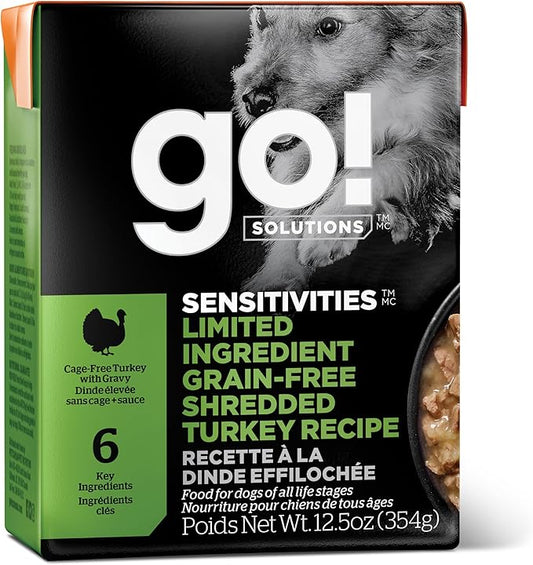 Go! Solutions Sensitivities Limited Ingredient, Grain-Free Wet Dog Food, Shredded Turkey Recipe for Sensitive Stomach, 12.5 oz
