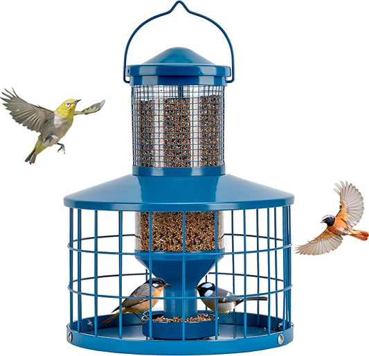 Caged Bird Feeders Squirrel-Proof, Metal, 2.8 Lbs Capacity-Cage Tube Seed Feeders with Tray Outdoor Hanging, Attract Birds,Detachable Cleaning, Starling Proof Wild Bird Feeder（Blue）