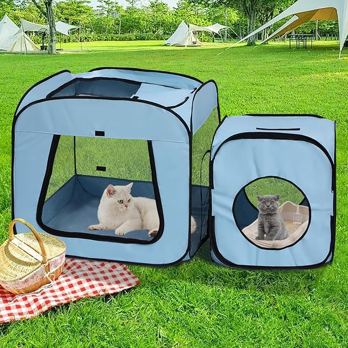 Royizen Puppy Cat Tent Playpen Foldable Waterproof Dog Crate Kennel Indoor Outdoor Portable Playpen Kitten and Small Pets Pop Up Kennel Cat Travel Carrier with Litter Box Enclosure, Light Blue