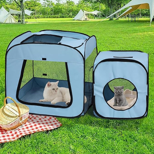 Royizen Puppy Cat Tent Playpen Foldable Waterproof Dog Crate Kennel Indoor Outdoor Portable Playpen Kitten and Small Pets Pop Up Kennel Cat Travel Carrier with Litter Box Enclosure, Light Blue
