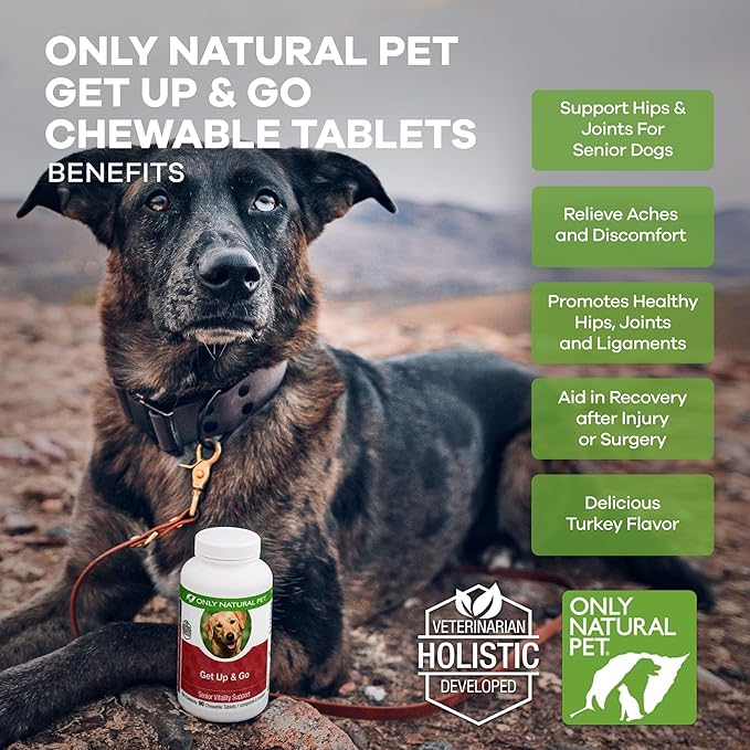 Only Natural Pet Get Up & Go Herbal Joint Support Supplement for Dogs - Holistically Formulated with Corydalis & Turmeric Hip & Joint Daily Vitamin for Senior Dog - Turkey Flavor - 90 Chewable Tablets
