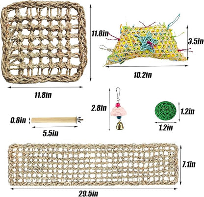 Bird Foraging Wall Toys Parrot Seagrass Mat Activity Climbing Net ladder 29.5''X7.1''&11.8''x11.8'' Hanging Hammock Cage Chew Toys with Ball Toys for Parakeet Cockatiel Conure Cockatoo Budgie Lovebird