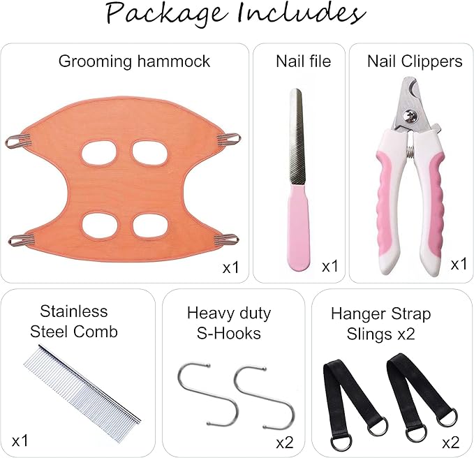 Dog Grooming Hammock | Pet Grooming Hammock Helper | Dog Grooming Harness with Nail Clippers/Nail Trimmers Nail File S-Hooks Strap Slings & Stainless-Steel Fur Comb | Size: L | Pink/Peach