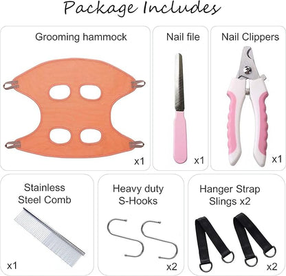 Dog Grooming Hammock | Pet Grooming Hammock Helper | Dog Grooming Harness with Nail Clippers/Nail Trimmers Nail File S-Hooks Strap Slings & Stainless-Steel Fur Comb | Size: L | Pink/Peach