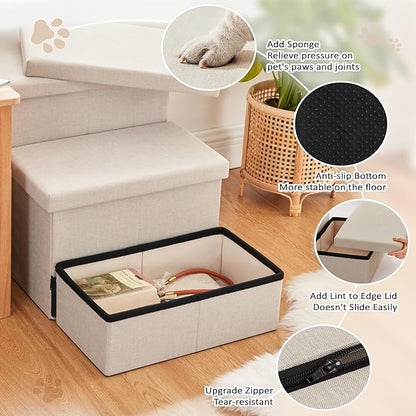 Love's cabin Dog Stairs for High Bed 18" H,Foldable Pet Stairs for Small Medium or Large Dogs Puppy with Storage for Bed or Couch, Cat Dog Steps Ramp with Zip up to 210 lbs(Beige,3 Steps no Condo)