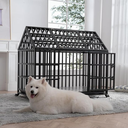 52" Metal Dog Cage with 4 Lockable Wheels, Heavy Duty Dog Kennel with Doors and Roof for Large Dogs, Black