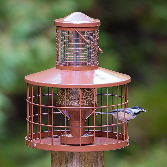 Caged Bird Feeders Squirrel-Proof, Metal, 2.8 Lbs Capacity-Cage Tube Seed Feeders with Tray Outdoor Hanging, Attract Birds,Detachable Cleaning, Starling Proof Wild Bird Feeder（Brown）