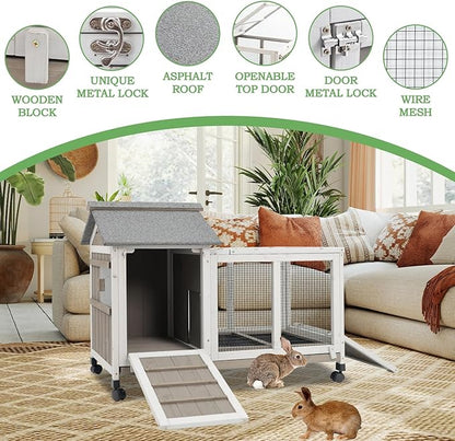 38.19"L Rabbit Hutch Indoor and Outdoor with 4 Wheels,Wooden Rabbit Cage with Pull Out Leak-Proof Tray for 1-2 Rabbits,Bunny Hutch with Asphalt Roof Suitable for Garden,Park,Living Room,Grey
