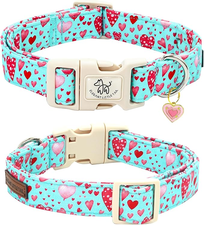 Elegant little tail Valentine's Day Dog Collar-Cute Pink Heart Dog Collar for Small Dogs, Female or Male Adjustable Cotton Pet Collar with Quick Release Buckle for Small Medium Large Dogs
