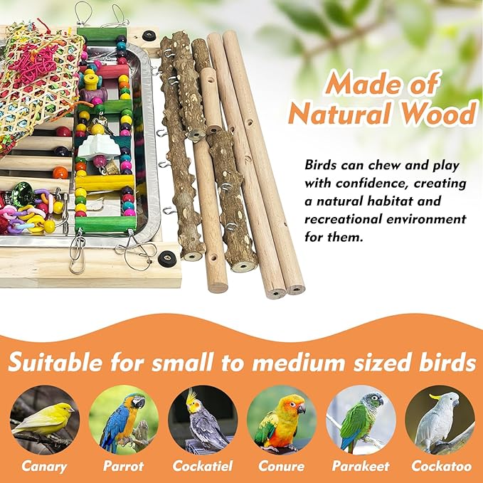 kathson Parrot Play Stand Parakeet Playground Bird Jungle Gym Wood Conure Playstand Hanging Chewing Toys with Feeder Cups and Swings Bird Cage Accessories for Cockatiel Lovebirds Budgie