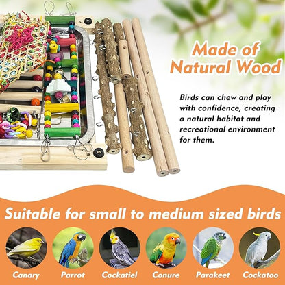 kathson Parrot Play Stand Parakeet Playground Bird Jungle Gym Wood Conure Playstand Hanging Chewing Toys with Feeder Cups and Swings Bird Cage Accessories for Cockatiel Lovebirds Budgie