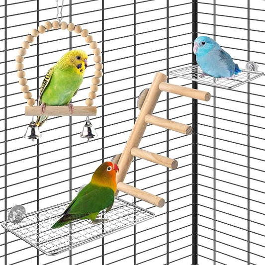 4Pcs Bird Perches Toys, Stainless Steel Perch Platform (2 Sizes), Natural Wood Parrot Climbing Ladder & Swing with Bell, Play Gym Cage Accessories for Budgie Cockatiel Lovebird Canary Conure