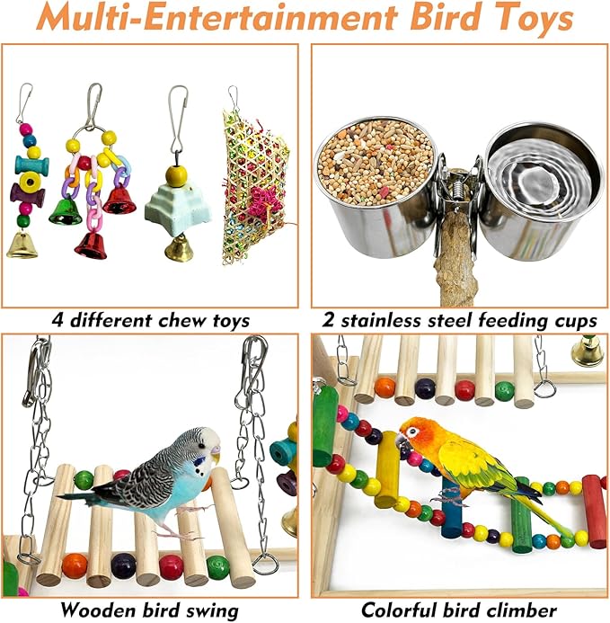 kathson Parrot Play Stand Parakeet Playground Bird Jungle Gym Wood Conure Playstand Hanging Chewing Toys with Feeder Cups and Swings Bird Cage Accessories for Cockatiel Lovebirds Budgie