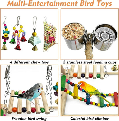 kathson Parrot Play Stand Parakeet Playground Bird Jungle Gym Wood Conure Playstand Hanging Chewing Toys with Feeder Cups and Swings Bird Cage Accessories for Cockatiel Lovebirds Budgie