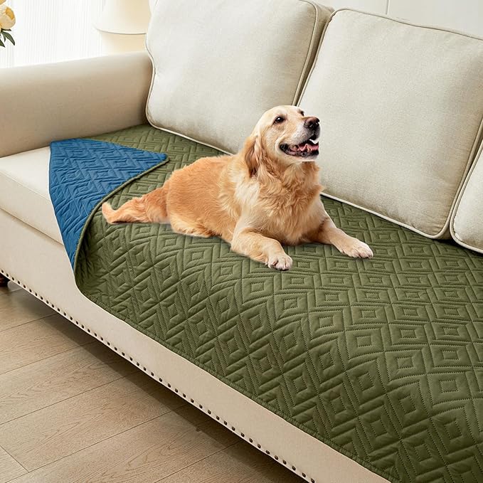 hyha Waterproof Dog Blanket, Soft Pet Bed Blankets, Waterproof Sofa Couch Cover for Dogs Washable, Reversible Pet Couch Covers for Sofa Furniture (30x80 Inch, Green/Navy Blue)