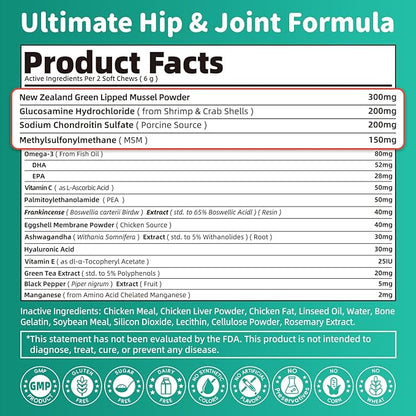 Dog Hip and Joint Supplement, 15-in-1 Advanced Glucosamine for Dogs with Chondroitin, MSM, New Zealand GLM, Pea, Omega 3 - Chicken Flavor - 90 Soft Chews, Fits All Breeds and Sizes