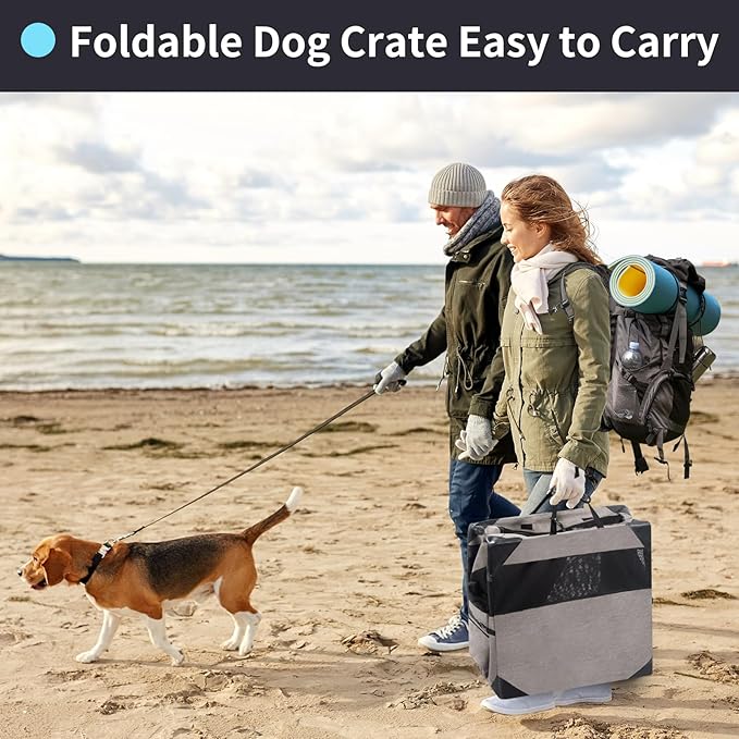 30 Inch Portable Travel Dog Crate, 3 Door Collapsible Soft Pet Kennel with Durable Mesh Windows for Medium Dogs, Foldable Dog Cage with Storage Pocket for Outdoor (Light Grey)