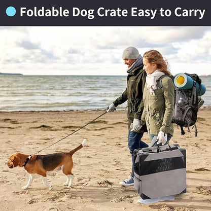 30 Inch Portable Travel Dog Crate, 3 Door Collapsible Soft Pet Kennel with Durable Mesh Windows for Medium Dogs, Foldable Dog Cage with Storage Pocket for Outdoor (Light Grey)