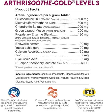 NaturVet Clinically Tested ArthriSoothe-Gold Level 3 Advanced Joint Care for Dogs and Cats, 240 ct Time Release, ChewableTablets, Made in USA