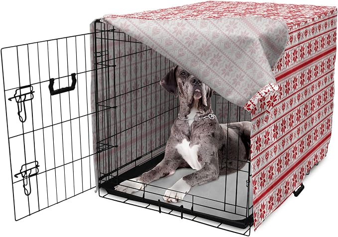 Ambesonne Christmas Dog Crate Cover, Scandinavian Tradition Fashion Nordic Borders Geometrical Pixel Retro Style, Easy to Use Pet Kennel Cover for Medium Large Dogs, 48 Inch, Orange White