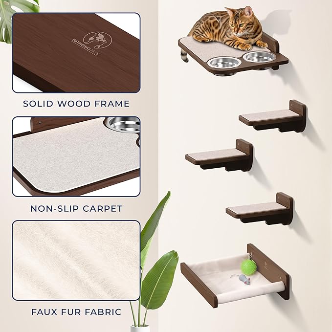 Space-Saving Cat Wall Shelves – Interactive Cat Wall Climber with Hammock & Dog Proof Feeding Station for All Indoor Breeds – Solid Walnut Wood with Beige Carpet