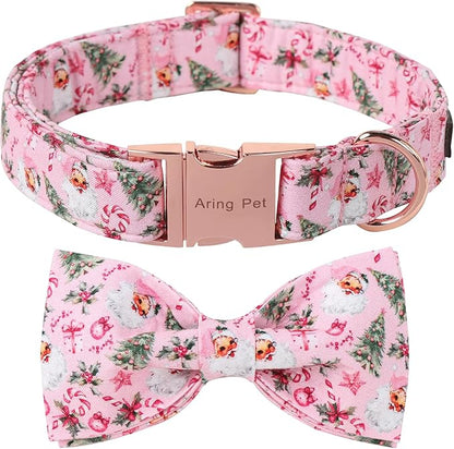 ARING PET Christmas Dog Collar-Cotton Pink Santa Claus Dog Collar with Bow, Adjustable Christmas Bowtie Dog Collars Pet Necklace with Metal Buckle for Girl&Boy Dogs