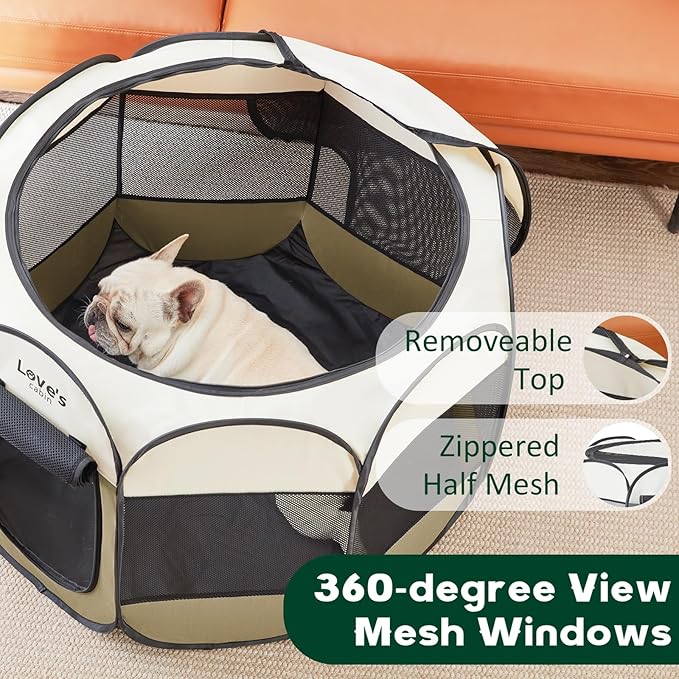 Love's cabin Pet Puppy Dog Playpen, Medium Dog Tent Crates Cage Indoor/Outdoor, Portable Playpen for Cat, Foldable Pop Up Dog Kennel Playpen with Carring Case, Removable Zipper Top, Khaki