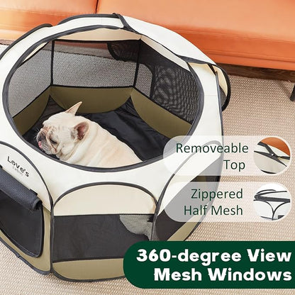 Love's cabin Pet Puppy Dog Playpen, Small Dog Tent Crates Cage Indoor/Outdoor, Portable Playpen for Cat, Foldable Pop Up Dog Kennel Playpen with Carring Case, Removable Zipper Top, Khaki