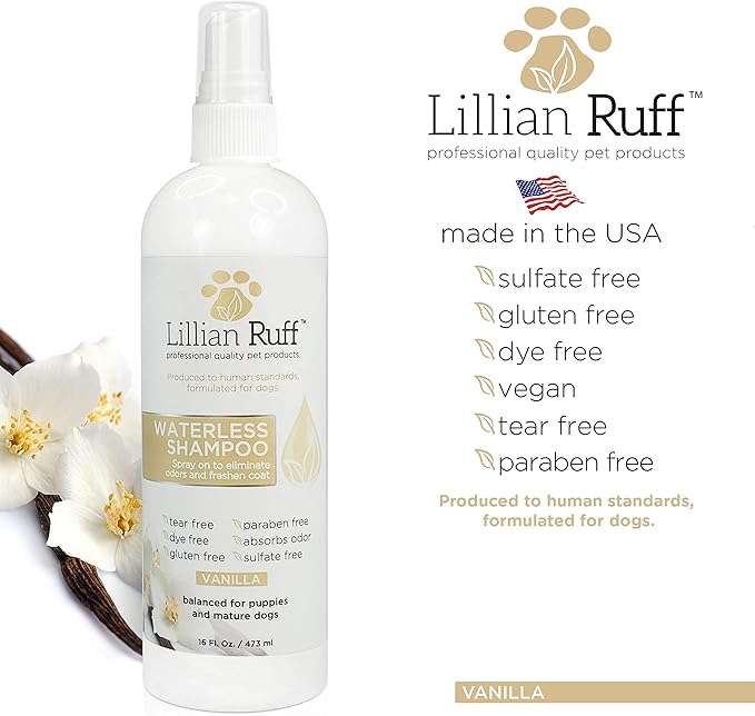 Lillian Ruff Waterless No-Rinse Dog Dry Shampoo Spray with Hydrating Essential Oils - pH-Balanced Dry Shampoo for Dogs - Clean, Condition, Detangle & Deodorize Dry, Sensitive Skin (Vanilla)
