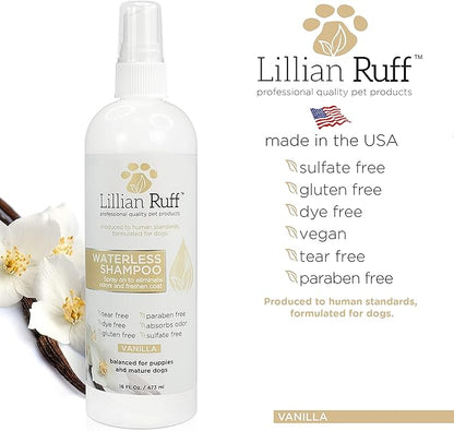 Lillian Ruff Waterless No-Rinse Dog Dry Shampoo Spray with Hydrating Essential Oils - pH-Balanced Dry Shampoo for Dogs - Clean, Condition, Detangle & Deodorize Dry, Sensitive Skin (Vanilla)