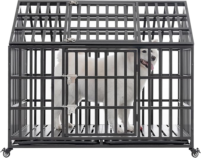 52inch Metal Heavy Duty Dog Cage with Door and Roof Doors of 2 Patent Latches,Pet Crate Doggy Kennel,w/ 2 Plastic Pans & 4 Lockable Caster Wheels,for Large or Medium Size Pets,Black