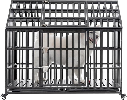 52" Metal Dog Cage with 4 Lockable Wheels, Heavy Duty Dog Kennel with Doors and Roof for Large Dogs, Black