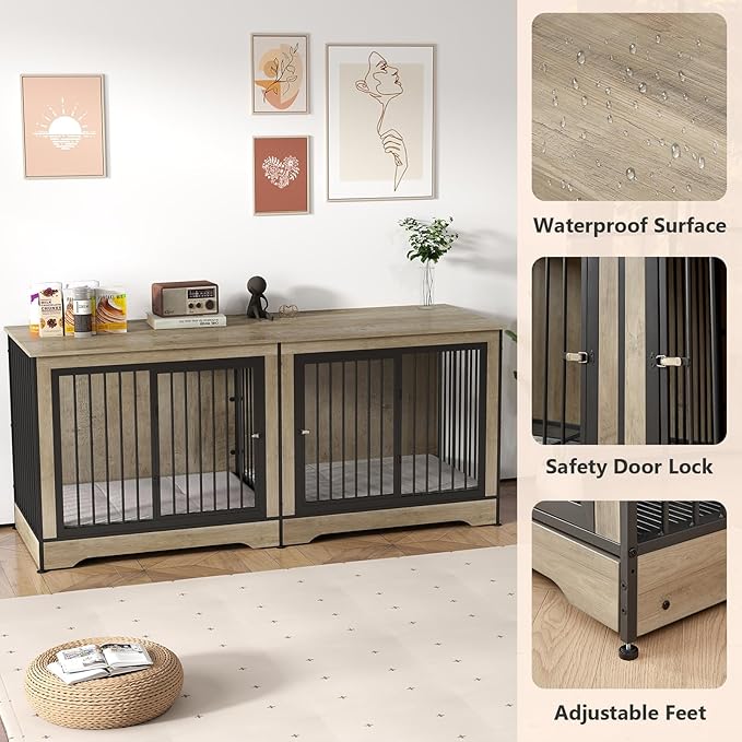 Rovibek 75 Inch Dog Crate Furniture for 2 Dogs, Wooden Dog Cage Furniture, Decorative Dog Kennels with Double Doors, Double Dog Kennel Furniture, Dog Crate TV Stand for Large Dogs, Grey