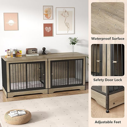 Rovibek 75 Inch Dog Crate Furniture for 2 Dogs, Wooden Dog Cage Furniture, Decorative Dog Kennels with Double Doors, Double Dog Kennel Furniture, Dog Crate TV Stand for Large Dogs, Grey