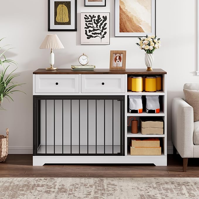 Dog Crate Furniture 47, Large Dog Crate TV Stand with 2 Drawers and 4 Shelves, Wooden Dog Kennel Indoor, Decorative Dog Cage with Storage for Large Dogs, White