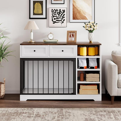 Dog Crate Furniture 47, Large Dog Crate TV Stand with 2 Drawers and 4 Shelves, Wooden Dog Kennel Indoor, Decorative Dog Cage with Storage for Large Dogs, White