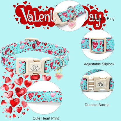 Elegant little tail Valentine's Day Dog Collar-Cute Pink Heart Dog Collar for Medium Dogs, Female or Male Adjustable Cotton Pet Collar with Quick Release Buckle for Small Medium Large Dogs