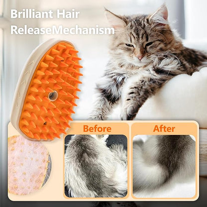 4 in 1 Steam Brush for Cats & Dogs - Rechargeable Massaging & Cleaning Brush for Long & Short Haired Pets (Orange)