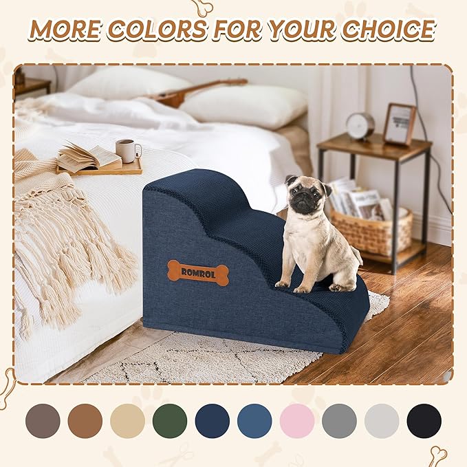 Romrol Dog Stairs Ramp for Beds Couches, Extra Wide Pet Steps with Durable Non-Slip Waterproof Fabric Cover, Pets Slope Stairs, 3-Tiers,Dusty Blue