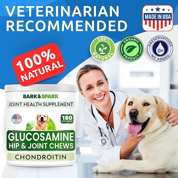 BARK&SPARK Glucosamine Chondroitin Dog Hip & Joint Supplement - Joint Pain Relief - Hip & Joint Chews - Joint Support Large Small Breed - Senior Doggie Vitamin Pill Joint Health (180 Treats - Bacon)