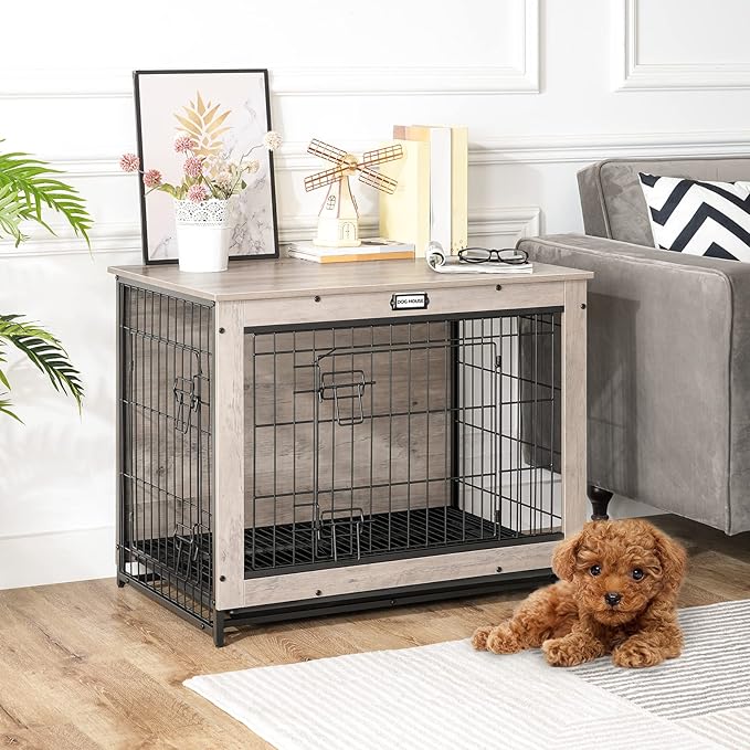 HOOBRO Dog Crate Furniture, 32.5" Medium Dog Kennel Indoor, Wooden Cage with Pull-Out Tray, Double Doors Pet House Side End Table for Medium/Small Dogs, Greige BG802GW03